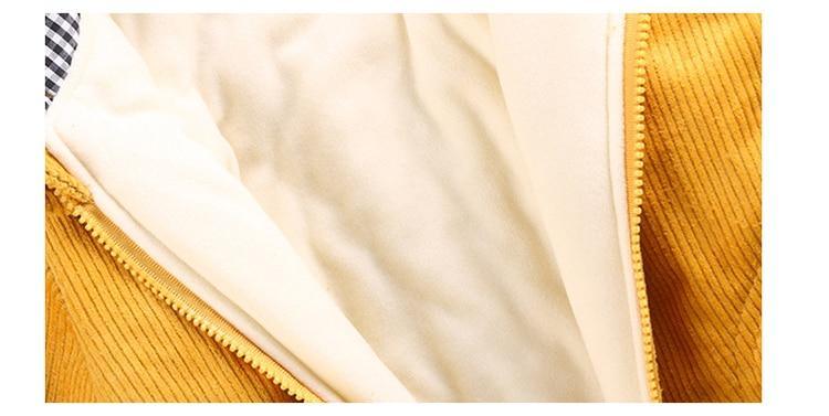 Winter baby coat in mustard yellow corduroy with white fleece lining and front zipper on Tampa Home & Garden Store