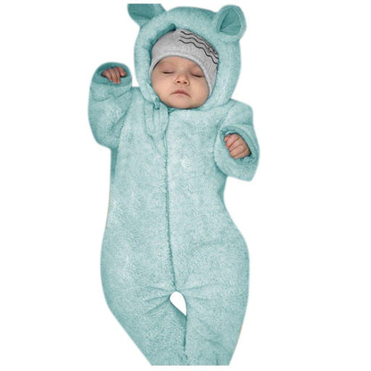 Stevvex unisex teal fleece hooded romper jumpsuit for newborns with ears on hood on Tampa Home & Garden Store