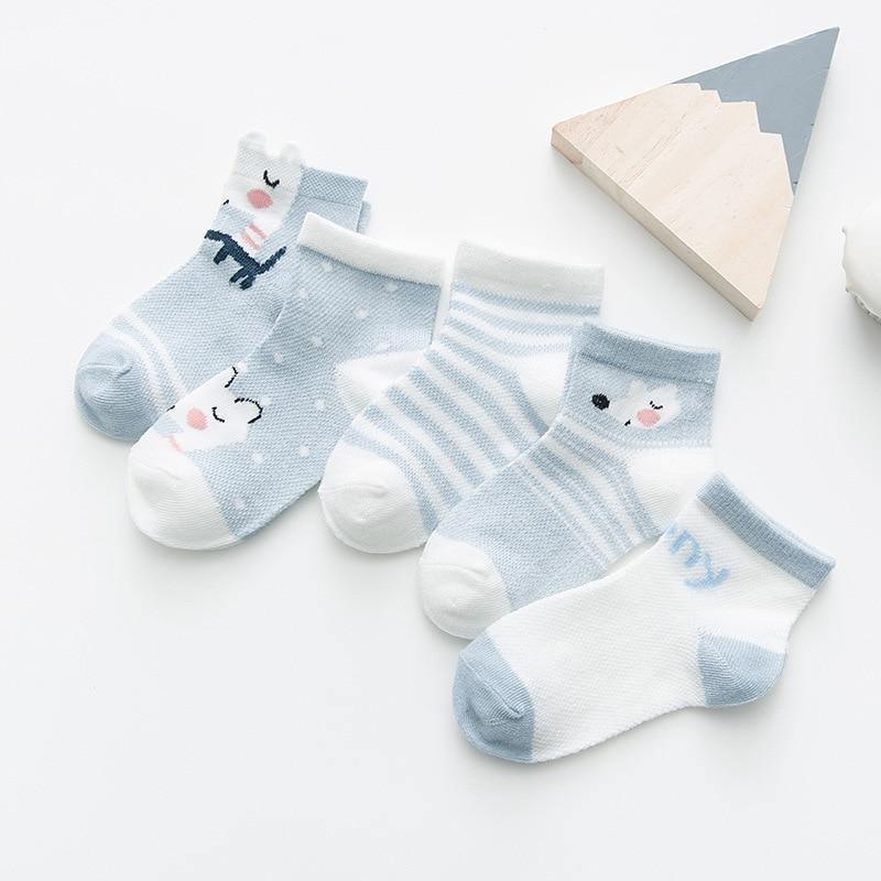 5-pair set Stevvex cotton baby girls socks in blue/white stripes panda motifs breathable mesh on Tampa Home & Garden Store