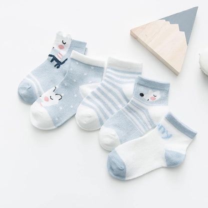 5-pair set Stevvex cotton baby girls socks in blue/white stripes panda motifs breathable mesh on Tampa Home & Garden Store