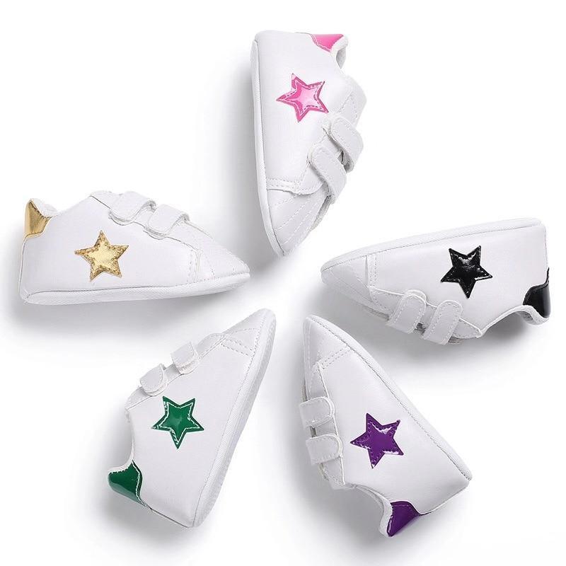 Stevvex newborn first walkers white PU leather sneakers with star patches and Velcro straps on Tampa Home & Garden Store