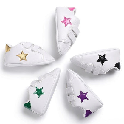 Stevvex newborn first walkers white PU leather sneakers with star patches and Velcro straps on Tampa Home & Garden Store