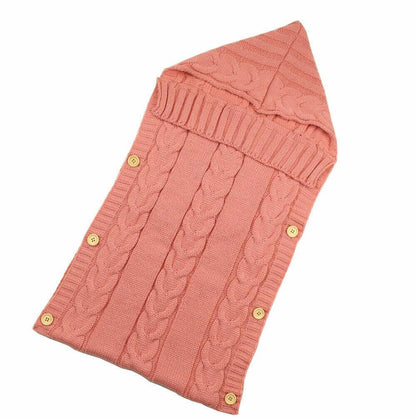Stevvex warm pink cable-knit baby swaddle blanket with wooden buttons and soft cotton envelope on Tampa Home & Garden Store