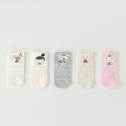 Stevvex baby socks 5-pair animal-face set in white, pink, gray, cream with zigzag mesh on Tampa Home & Garden Store