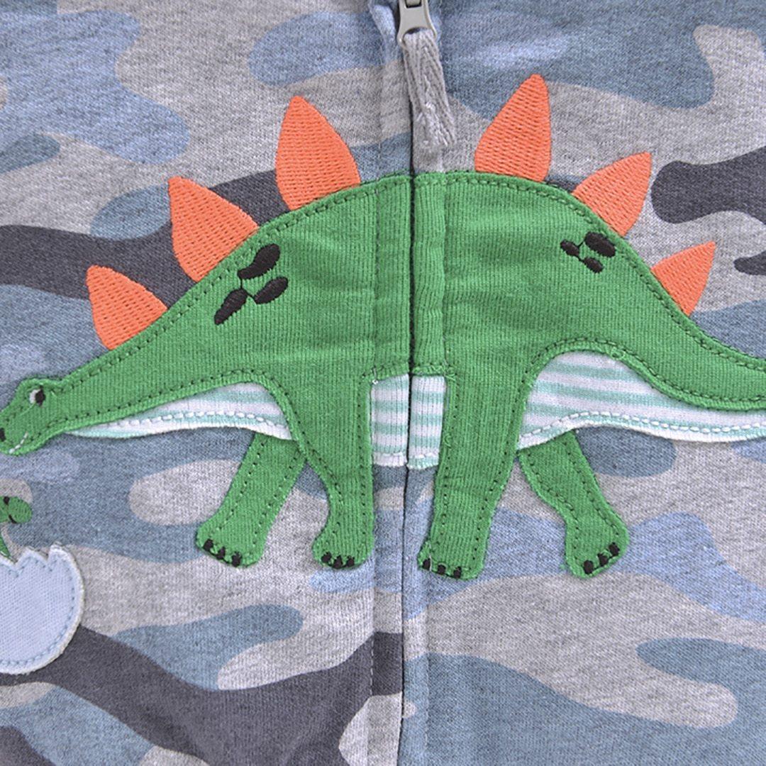 Stevvex baby hoodie with green dinosaur applique on camo print, zip front on Tampa Home & Garden Store