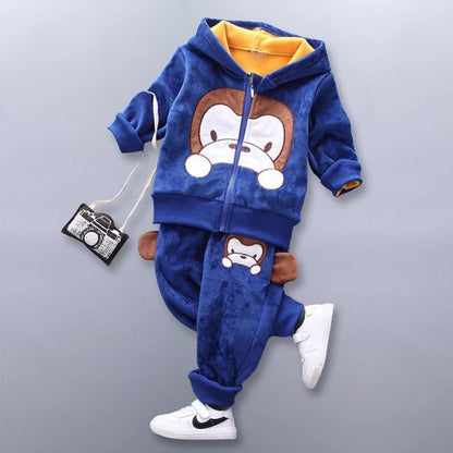 Stevvex baby winter hooded sweater and pants set in blue with bear and fox prints on Tampa Home & Garden Store