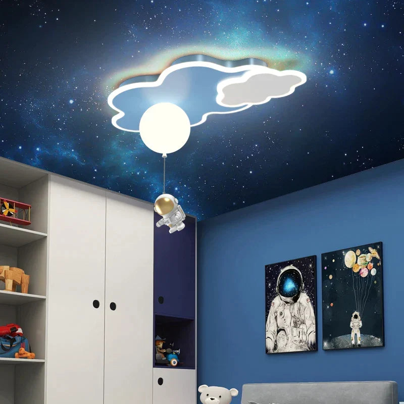 DecorBites Kids Space Theme Ceiling Lamp with astronaut & airplane under cloud ceiling on Tampa Home & Garden Store