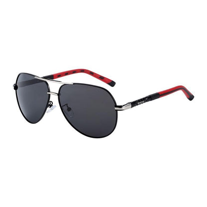 Stevvex aviator sunglasses polarized with red temple arms and black lenses on Tampa Home & Garden Store