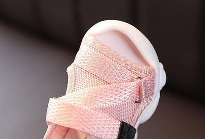Baby pink mesh strap sandal with white sole and Velcro closure on Tampa Home & Garden Store