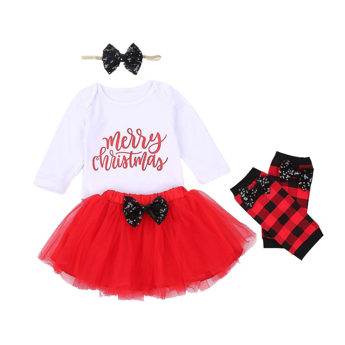 4Pcs Baby Girls Christmas Dress Set: white top, red tutu, sequin bow headband, plaid pants on Tampa Home & Garden Store