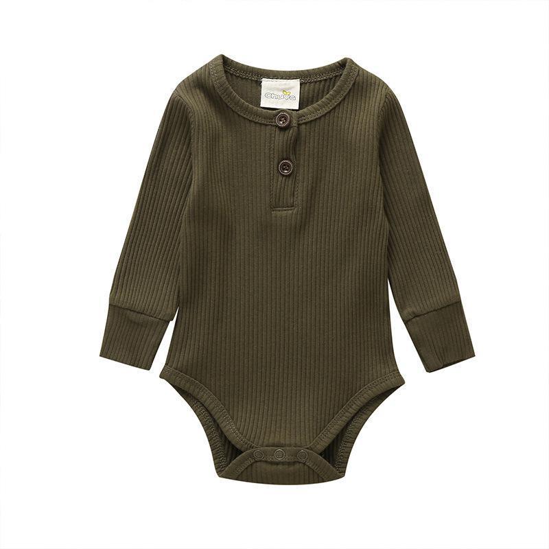 Ribbed olive-green baby romper with long sleeves, front buttons Henley neckline, snaps Stevvex on Tampa Home & Garden Store