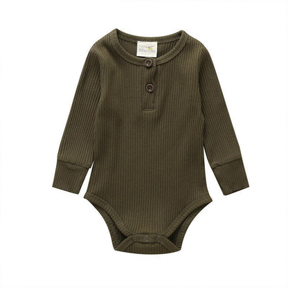 Ribbed olive-green baby romper with long sleeves, front buttons Henley neckline, snaps Stevvex on Tampa Home & Garden Store