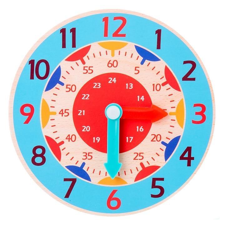 Montessori wooden clock toy for kids by Stevvex, blue outer ring and red center on Tampa Home & Garden Store