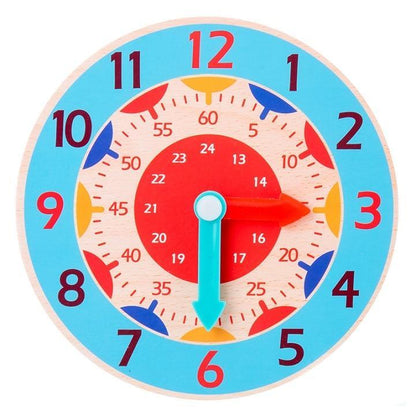 Montessori wooden clock toy for kids by Stevvex, blue outer ring and red center on Tampa Home & Garden Store
