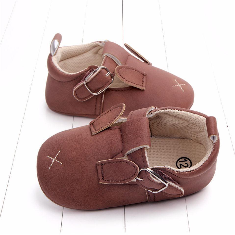 Stevvex brown suede baby shoes pair with double strap buckles and cross stitch toe, first walker on Tampa Home & Garden Store