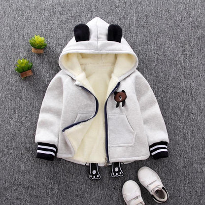 Winter baby coat Stevvex gray fleece, bear hood ears, front pockets, paw zipper pulls on Tampa Home & Garden Store