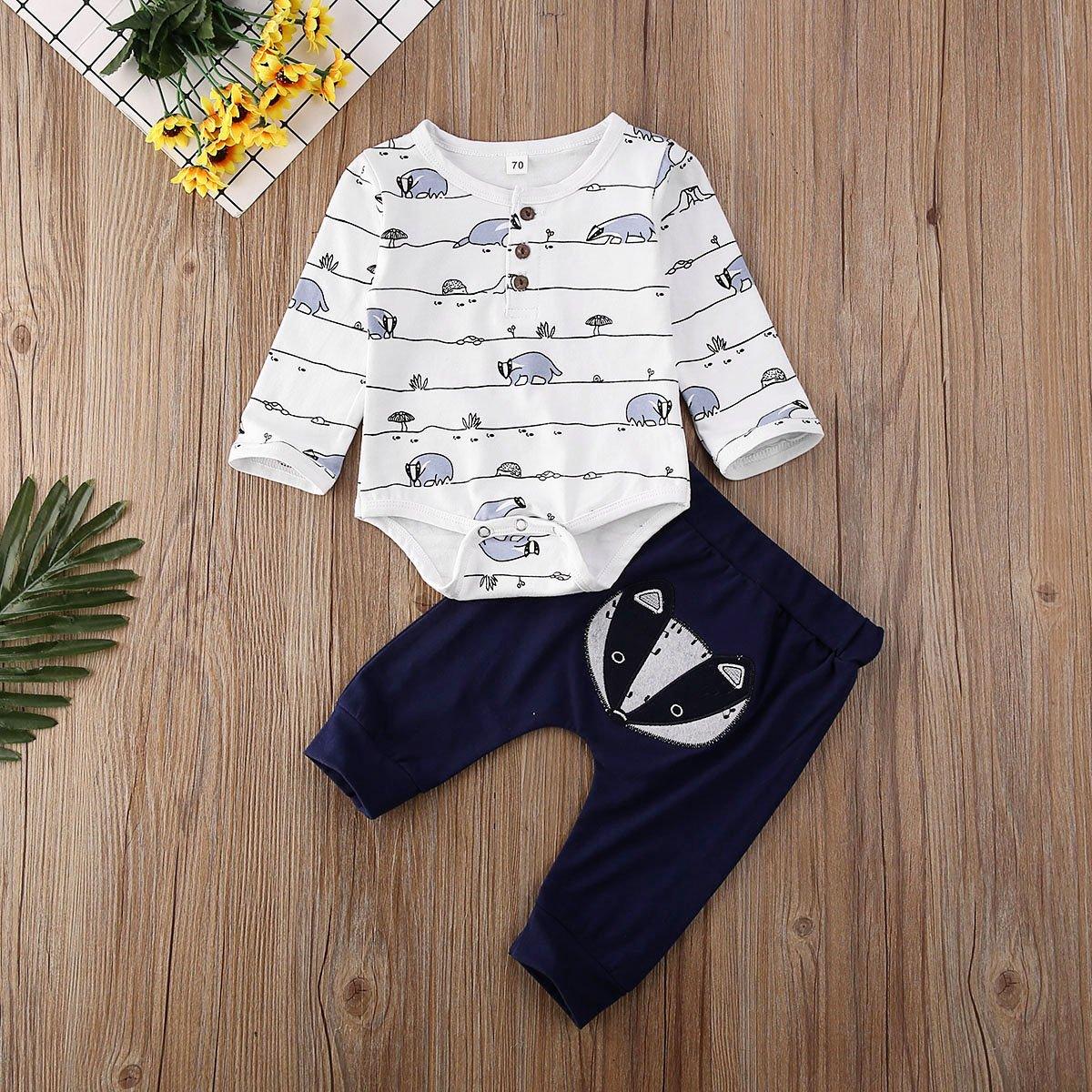 Stevvex baby fox print 2-piece romper set with white top and navy pants featuring fox applique on Tampa Home & Garden Store