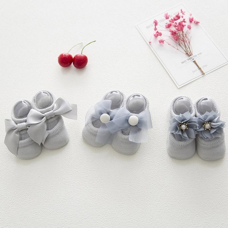 Stevvex baby girl anti-slip cotton socks set, 3 gray pairs with bow lace and flower accents on Tampa Home & Garden Store