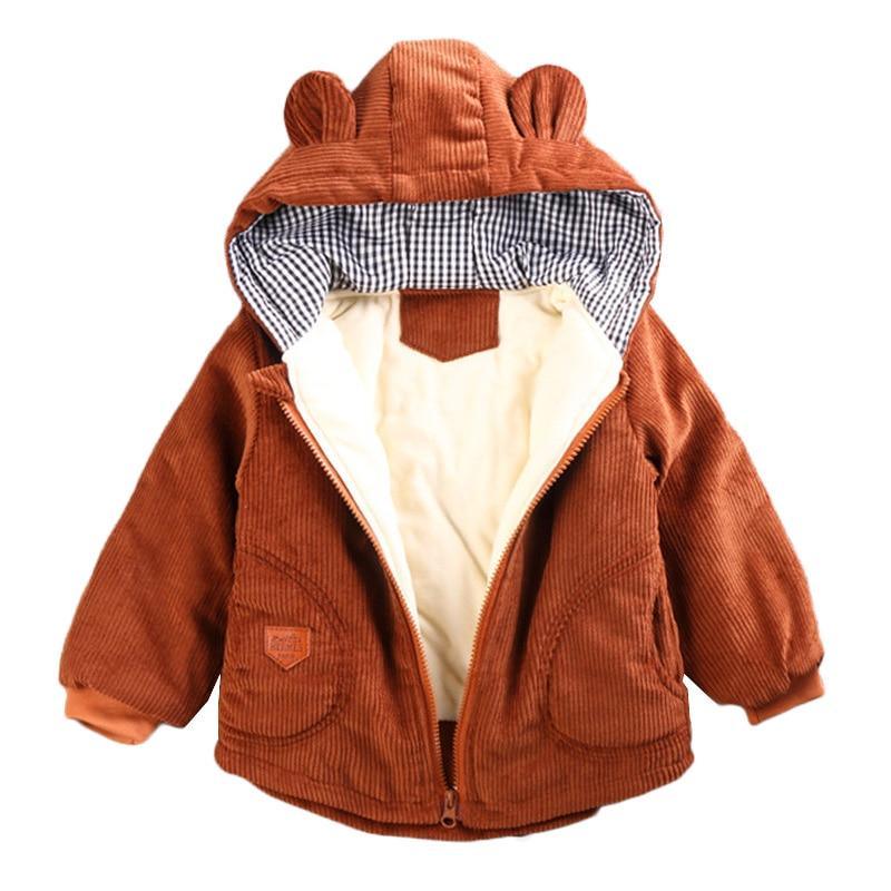 Infant Stevvex brown corduroy hooded jacket with cream fleece lining and check hood on Tampa Home & Garden Store