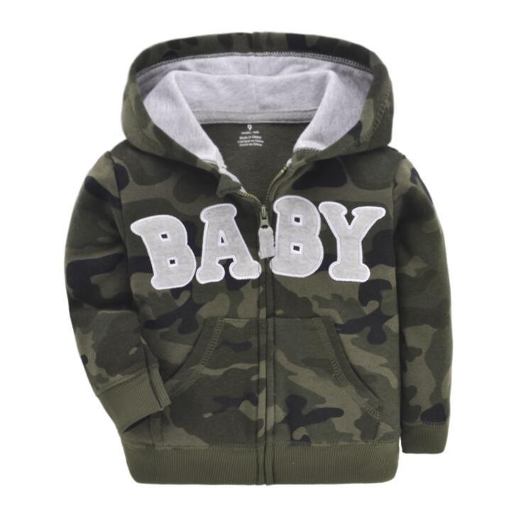 Baby camouflage hoodie with zip front, grey-lined hood, and large white BABY letters on Tampa Home & Garden Store