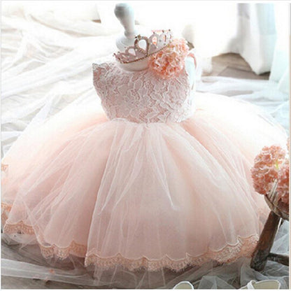 Stevvex baby girl pink lace flower gown with voluminous tulle tutu and back bow on Tampa Home & Garden Store