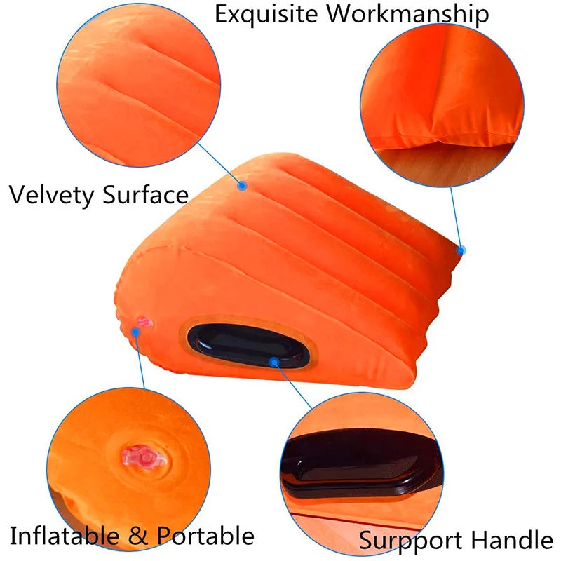 Inflatable wedge pillow velvety orange surface; adjustable support cushion with handle on Tampa Home & Garden Store