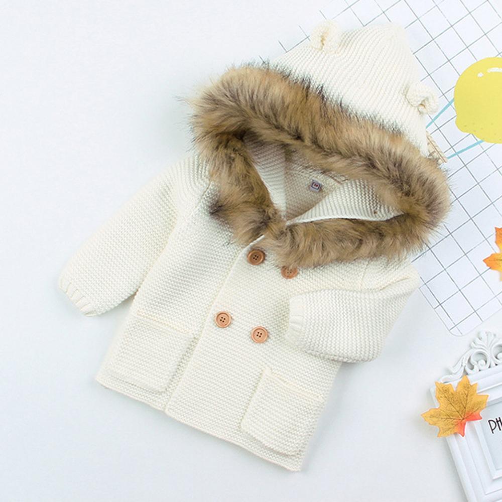 Stevvex knit hooded baby coat with fur-trimmed hood cream color brown buttons patch pockets on Tampa Home & Garden Store