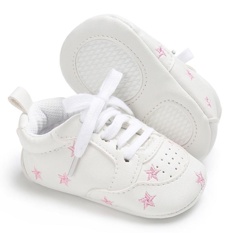 Stevvex newborn lace-up shoes, white PU leather pair with pink star embroidery and soft soles on Tampa Home & Garden Store