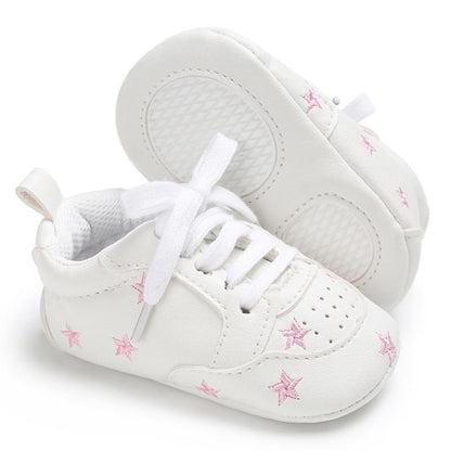 Stevvex newborn lace-up shoes, white PU leather pair with pink star embroidery and soft soles on Tampa Home & Garden Store
