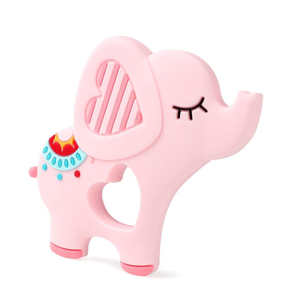 Pink elephant silicone teether with colorful beaded collar for babies on Tampa Home & Garden Store