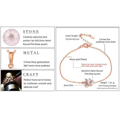 Bracelet in rose gold with pink heart rose quartz charm and zirconia accents, 13cm+4.5cm ext on Tampa Home & Garden Store
