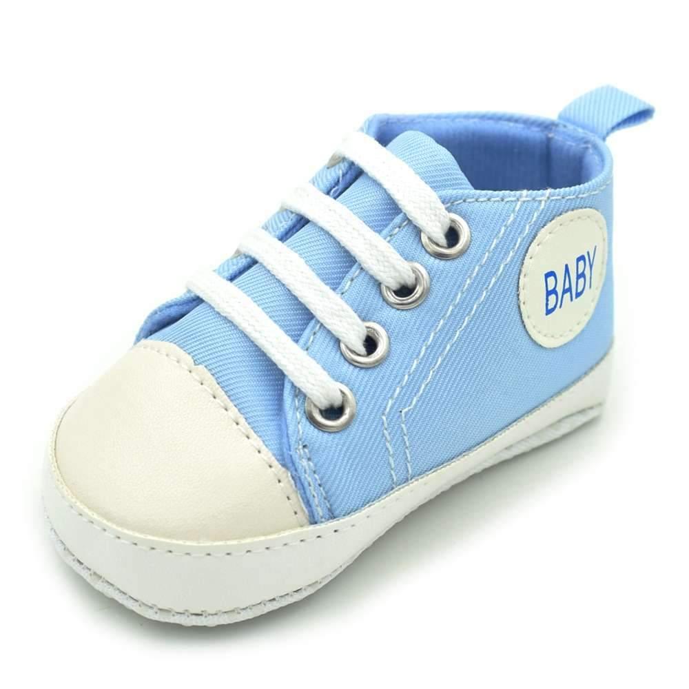 Baby blue canvas first walkers sneaker by Stevvex with white toe cap and laces side BABY patch on Tampa Home & Garden Store