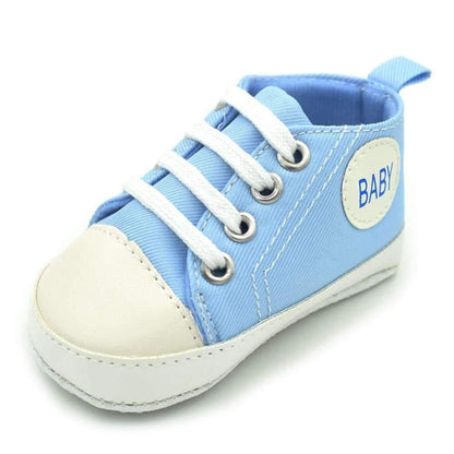 Baby blue canvas first walkers sneaker by Stevvex with white toe cap and laces side BABY patch on Tampa Home & Garden Store