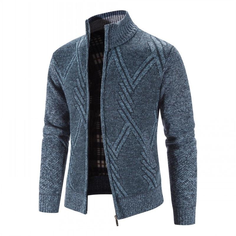 Men's blue geometric knit cardigan jacket with zip front and ribbed cuffs on Tampa Home & Garden Store