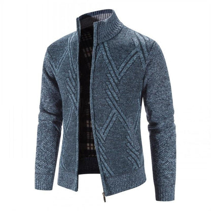Men's blue geometric knit cardigan jacket with zip front and ribbed cuffs on Tampa Home & Garden Store