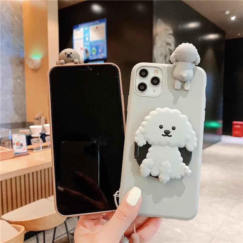 Stevvex 3D cartoon dog mirror stand iPhone case soft silicone gray case with white poodle charm on Tampa Home & Garden Store