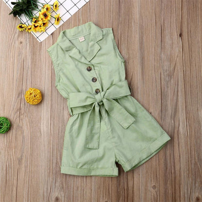 Stevvex green sleeveless romper with collar, button front and waist tie belt for girls on Tampa Home & Garden Store