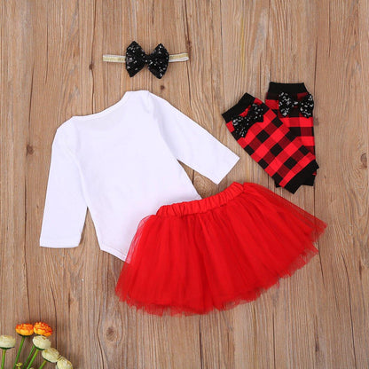 4Pcs Baby Girls Christmas Set: white long-sleeve top, red tulle tutu, red plaid leggings with bows, black sequin bow headband on Tampa Home & Garden Store