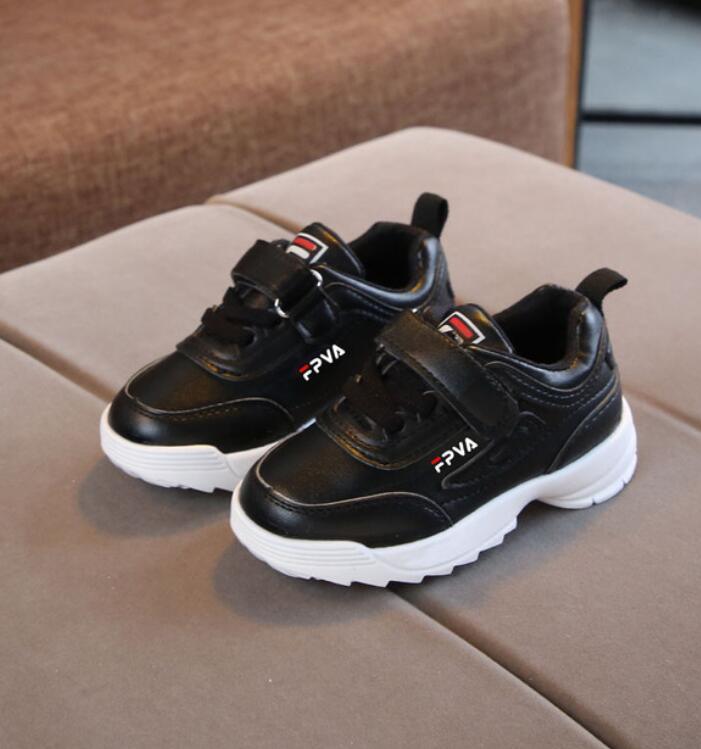 Toddler black leather sneakers with white chunky sole and Velcro strap, kids school shoes on Tampa Home & Garden Store