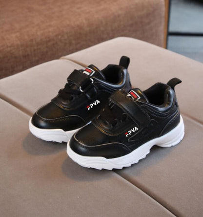 Toddler black leather sneakers with white chunky sole and Velcro strap, kids school shoes on Tampa Home & Garden Store