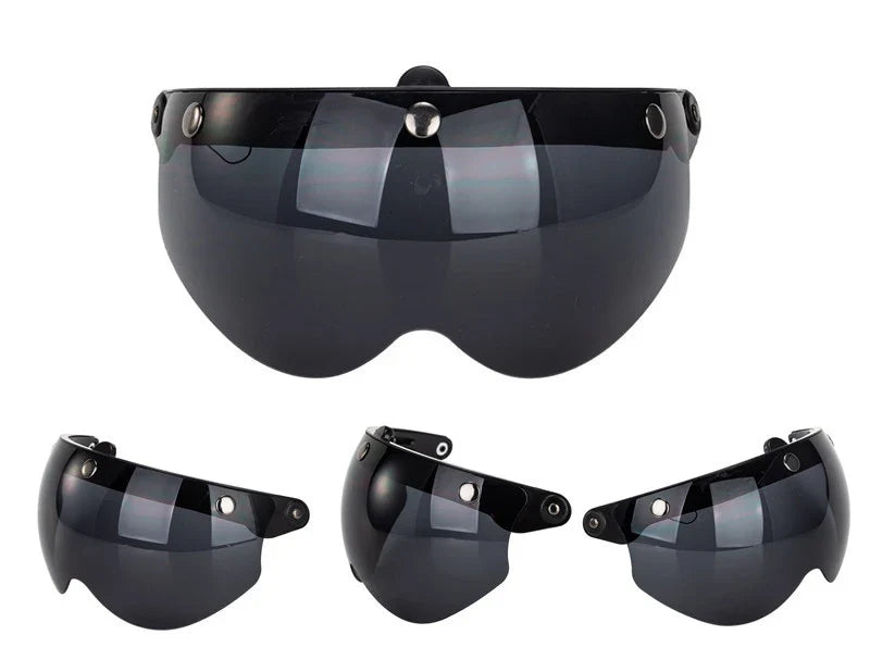BikerZoneZ Universal 3-Snap Visor for Open-Face Helmet, dark smoked tint, four-visor display on Tampa Home & Garden Store