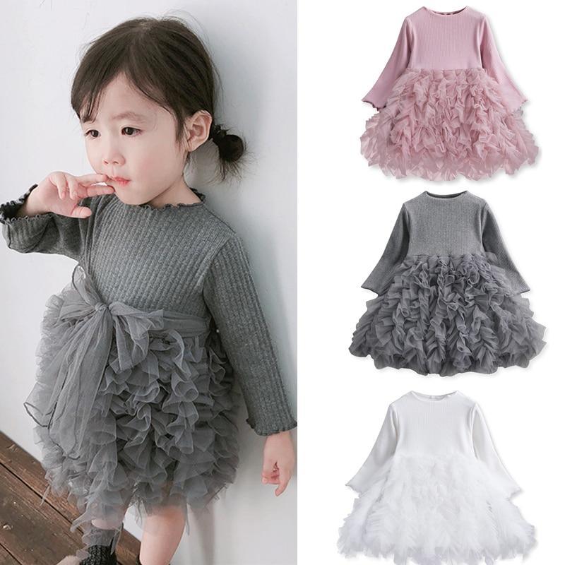 Stevvex Modern Winter Flower Baby Girls Dress with tiered tulle skirt gray pink white on Tampa Home & Garden Store