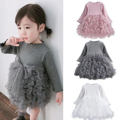 Stevvex Modern Winter Flower Baby Girls Dress with tiered tulle skirt gray pink white on Tampa Home & Garden Store
