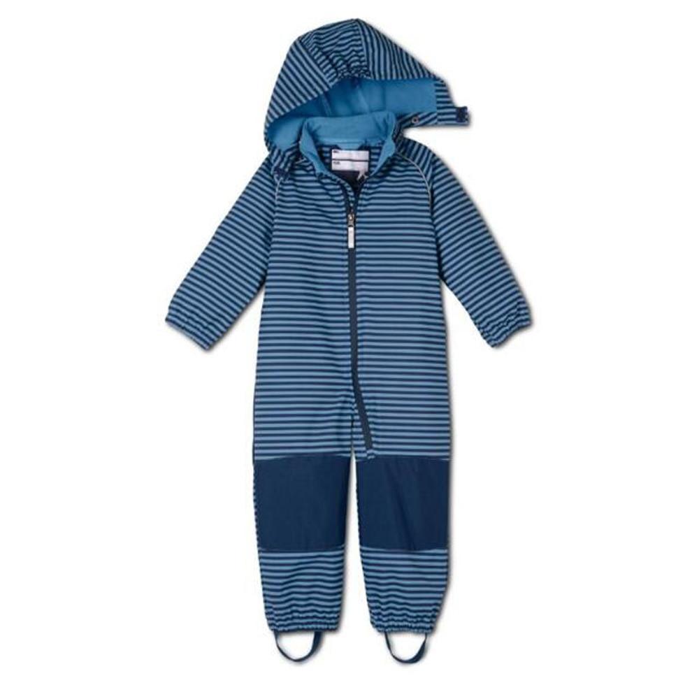 Stevvex kids blue striped ski suit with hood and front zipper, navy knee patches and foot loops on Tampa Home & Garden Store
