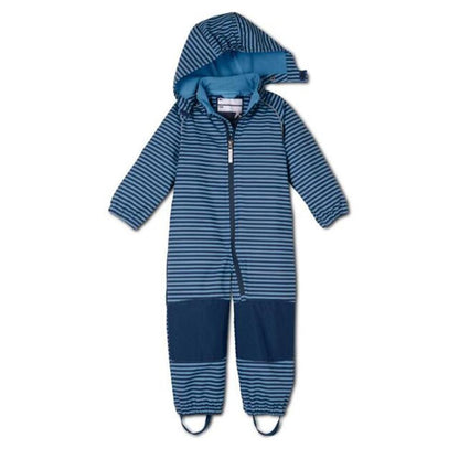 Stevvex kids blue striped ski suit with hood and front zipper, navy knee patches and foot loops on Tampa Home & Garden Store