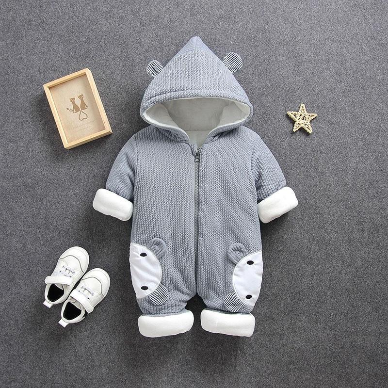 Stevvex grey knit hooded baby jumpsuit with ears, white cuffs and bear paw knee patches on Tampa Home & Garden Store