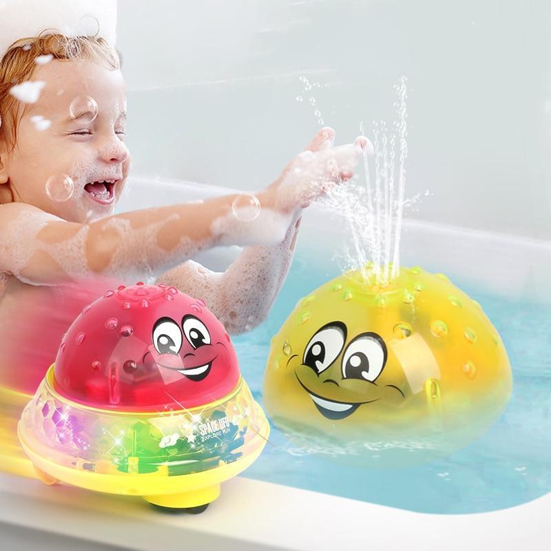 Stevvex bath toy set with two rotating water-spray balls, red and yellow, for toddlers on Tampa Home & Garden Store