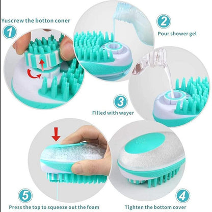 2-in-1 pet bath brush Stevvex massage comb with teal bristles and shampoo dispenser on Tampa Home & Garden Store