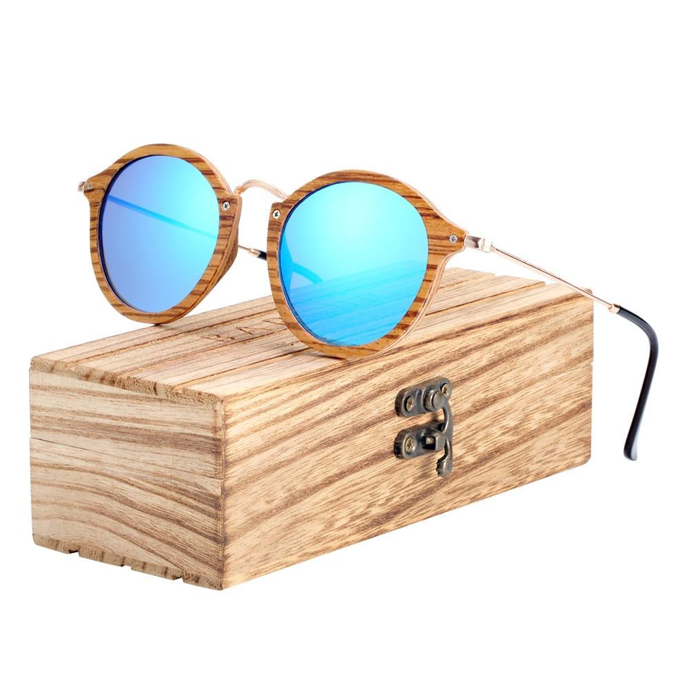 Zebra wood round sunglasses with blue mirrored lenses polarized UV400 handmade eyewear on Tampa Home & Garden Store