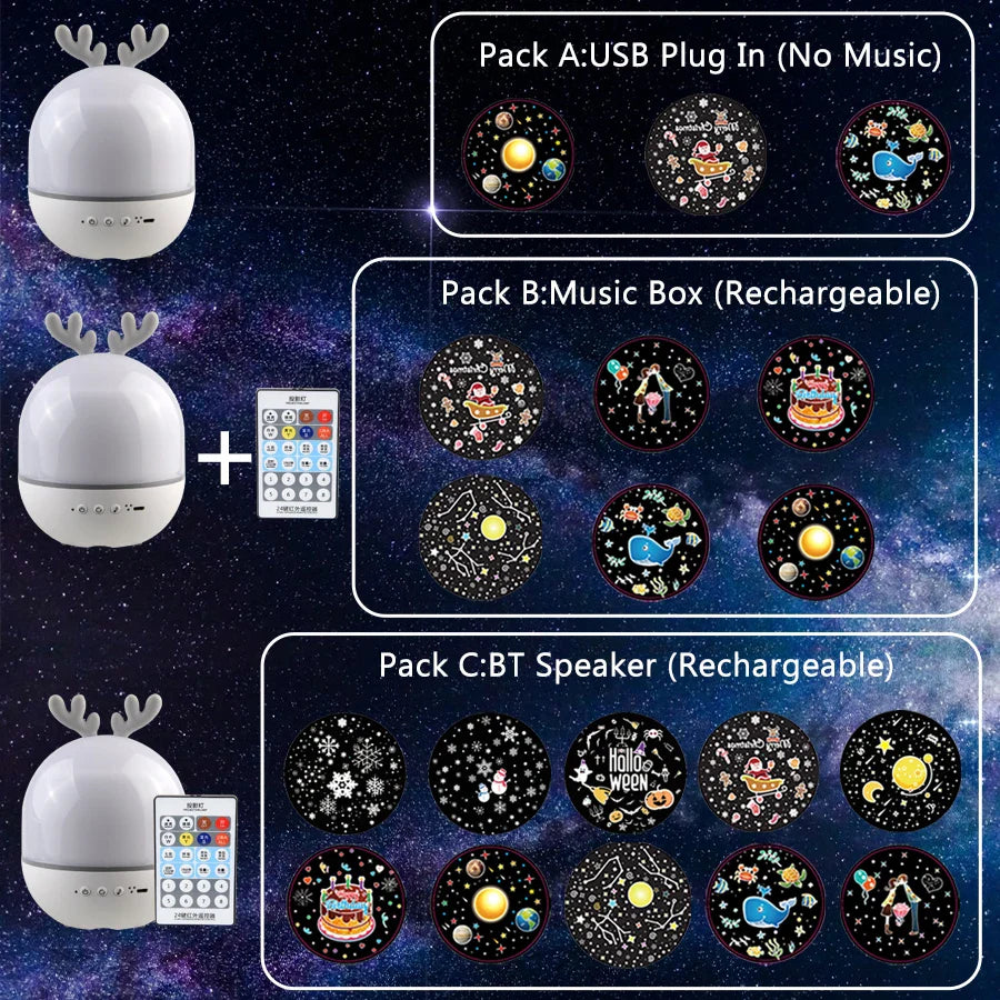 Deer Music Projector Night Light Starry Sky Rotating Lamp Bluetooth Speaker